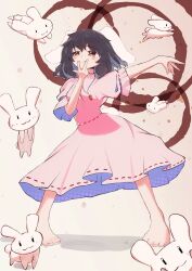  1girl animal_ears barefoot black_hair bright_pupils carrot_necklace commentary_request dress floppy_ears full_body highres inaba_tewi jewelry looking_at_viewer medium_hair necklace pink_dress rabbit rabbit_ears rabbit_girl red_eyes ribbon-trimmed_dress ribbon_trim simple_background tooya0130 touhou white_pupils 