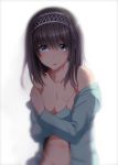  1girl black_hair blue_eyes blush breasts covering covering_breasts hairband idolmaster idolmaster_cinderella_girls long_hair long_sleeves looking_at_viewer murasame_nohito navel open_clothes open_mouth open_shirt sagisawa_fumika smile solo sweat 