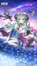  1girl absurdres ahoge animal_ear_fluff animal_ears artist_request black_horns blue_flower bug building butterfly clouds commentary copyright_name copyright_notice curled_horns english_commentary fingerless_gloves flower gloves goat_ears goat_girl goat_horns green_hair hair_intakes halo highres holding holding_instrument holding_syringe holding_trumpet horns instrument iroi_(nte) jacket jacket_on_shoulders neverness_to_everness shooting_star sky stirrup_legwear syringe thigh-highs toeless_legwear trumpet violet_eyes white_jacket white_thighhighs 
