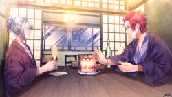  1boy 1girl blue_eyes bottle bracelet cake champagne_flute commentary_request copyright_name cup dairoku_ryouhei drinking_glass food fork hair_bun hair_up hetero highres indoors japanese_clothes jewelry kimono mayoko_na_kuroneko plate red_eyes red_hair shannon_wahlheit silvia_genos sitting smile teapot white_hair wine_bottle 