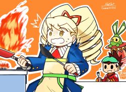  2boys 2girls apron artist_name black_eyes blonde_hair blue_dress brown_hair commission cooking dress drill_hair eyewear_on_head fire flying_sweatdrops fork frying_pan geo_stelar_(mega_man) green_eyes hatdmt holding holding_fork holding_frying_pan holding_spatula long_hair luna_platz_(mega_man) mega_man_(series) mega_man_star_force_(series) multiple_boys multiple_girls omega-xis_(mega_man) orange_background outline simple_background spatula sweatdrop twin_drills vogue_(mega_man) white_outline 