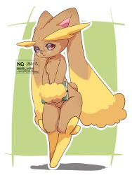  1girl :3 animal_ears artist_name bespectacled black_sclera body_fur book border brown_fur closed_mouth colored_sclera commentary_request full_body furry furry_female glasses green_background groin happy holding holding_book light_smile long_animal_ears looking_at_viewer lopunny outline outside_border own_hands_together pokemon pokemon_(creature) rabbit_ears rabbit_girl rabbit_tail rakia02 red_eyes round_eyewear short_tail simple_background smile solo standing tail two-tone_fur v_arms watermark white_border white_outline yellow_fur 