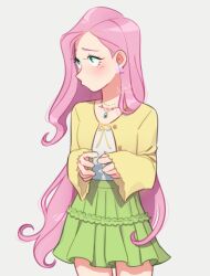  absurdres animification artist_name blush butterfly_earrings commentary earrings fluttershy fluttershy_(equestria_girls) green_eyes green_skirt highres jewelry long_hair my_little_pony my_little_pony:_equestria_girls my_little_pony:_friendship_is_magic necklace pink_hair pout sarikarip shirt shy skirt sweater very_long_hair white_shirt yellow_sweater 