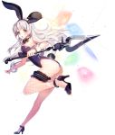  1girl :o animal_ears ara_han ass breasts brown_eyes bunny_girl bunnysuit cherrypin detached_sleeves elsword fake_animal_ears fishnet_pantyhose fishnets hairband high_heels jewelry leaning_forward leg_garter long_hair pantyhose rabbit_ears ring silver_hair simple_background solo sparkle weapon white_background wrist_cuffs 