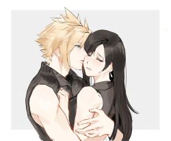  1boy 1girl arms_around_another's_back bare_arms bare_shoulders black_hair black_shirt blonde_hair blue_eyes blush border breast_press breasts chinese_commentary closed_eyes closed_mouth cloud_strife commentary_request couple earrings embarrassed final_fantasy final_fantasy_vii final_fantasy_vii:_advent_children from_side grey_background hetero highres hug jewelry kiss kissing_cheek large_breasts long_hair looking_at_another outside_border profile shirt sleeveless sleeveless_shirt spiky_hair teardrop_earrings tifa_lockhart upper_body white_border yancuunn 