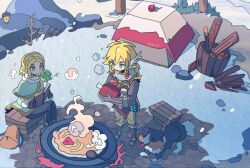  1boy 1girl absurdres black_pants blonde_hair blue_eyes boned_meat boots braid c6h14o0918 campfire capelet creature creature_on_shoulder crown_braid dog firewood food full_body green_eyes grey_pants highres holding holding_food korok link meat medium_hair official_alternate_costume on_shoulder pants pointy_ears princess_zelda short_hair sidelocks sitting snowquill_set_(zelda) standing tent the_legend_of_zelda the_legend_of_zelda:_breath_of_the_wild twitter_username winter 