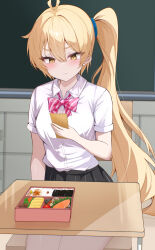  1girl absurdres akita_neru antenna_hair bento blush bow bowtie breasts buttons cellphone chair chalkboard classroom collared_shirt commentary_request commission desk eikawa_suru hair_tie highres holding holding_phone long_hair looking_at_phone nervous_smile paid_reward_available phone pink_bow pov shirt skeb_commission skirt smartphone smile textless_version tsurime v-shaped_eyebrows variant_set very_long_hair vocaloid white_shirt 