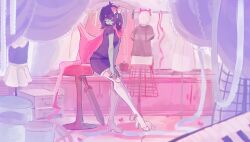  1other androgynous belt black_bodysuit blue_hair blue_skin bodysuit boots cape clothes_rack colored_skin commentary deltarune eepyastro english_commentary expressionless hair_ribbon headband heart high_heel_boots high_heels highres instrument kris_(dark_world)_(deltarune) kris_(deltarune) looking_to_the_side maid on_stool other_focus piano piano_keys pink_cape pink_ribbon project_sekai red_eyes ribbon scene_reference shirt short_hair stool striped_clothes striped_shirt sword utdr_(toby_fox) weapon wood_blade_(deltarune) 
