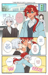  3girls absurdres artist_name black_jacket blue_eyes blue_jacket cinnamyon collared_shirt commentary english_commentary english_text grey_eyes grey_hair gundam gundam_suisei_no_majo highres hug jacket jewelry long_hair miorine_rembran multiple_girls nurse open_mouth patreon_logo patreon_username ponytail red_hair ring shirt smile sparkle speech_bubble suletta_mercury sweatdrop web_address wedding_ring white_shirt wife_and_wife yuri 