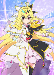  1girl antenna_hair black_bow black_capelet black_dress blonde_hair blush bow brooch capelet closed_mouth company_connection cure_arcana cure_arcana_shadow diamond_hairband dress frilled_capelet frilled_cuffs frills gradient_hair hair_intakes heart heart_brooch highres holding jewelry kamen_rider kamen_rider_w long_hair looking_at_viewer magical_girl meitantei_precure! moria_luluka multicolored_hair precure purple_veil purple_wrist_cuffs split-color_clothes split_mouth toei_company ueyama_michirou veil very_long_hair violet_eyes white_capelet white_dress wrist_cuffs 