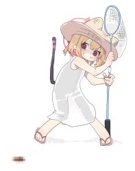  1girl aiwana_(bluechalleng) alternate_costume animal_ears blonde_hair blue_archive butterfly_net censored closed_mouth commentary_request dress fake_animal_ears full_body halo hand_net hat highres holding momoi_(blue_archive) mosaic_censoring sandals short_hair simple_background sleeveless sleeveless_dress solo straw_hat sundress sweat tail violet_eyes white_background white_dress 