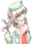  1girl alternate_hair_length alternate_hairstyle animal_ears breasts brown_hair cat_ears cat_tail chen dress fesserst jewelry light_smile long_hair looking_at_viewer mob_cap multiple_tails older orange_eyes raised_hand simple_background single_earring sketch solo tabard tail touhou white_background 