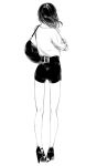  1girl bag black_hair crossed_arms from_behind handbag highres kneepits long_hair monochrome original sawasawa shorts simple_background solo white_background 