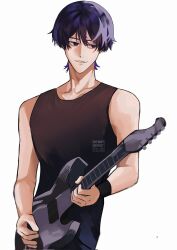  1boy alternate_costume arms_at_sides black_hair black_pants black_tank_top blunt_ends bright_pupils casual collarbone commentary contemporary corrupted_twitter_file electric_guitar eyelashes genshin_impact guitar highres holding holding_guitar holding_instrument instagram_logo instagram_username instrument looking_to_the_side male_focus multicolored_hair nadiarahayu pants parted_lips playing_guitar playing_instrument purple_hair scaramouche_(genshin_impact) sideways_glance smile solo streaked_hair taller_than_canon tank_top tsurime twitter_username twitter_x_logo upper_body violet_eyes watermark white_background white_mouth white_pupils wristband 
