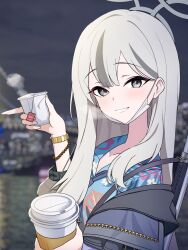  1girl blue_archive blue_necktie blue_shirt blurry blurry_background breath commentary cup disposable_coffee_cup disposable_cup floral_print floral_print_shirt from_side grey_eyes grey_hair grey_halo grin gun halo hawaiian_shirt highres holding holding_cup jacket konoka_(blue_archive) long_hair looking_at_viewer looking_to_the_side loose_necktie mask mask_pull mouth_mask necktie open_collar photo_background plumbum print_shirt pump_action remington_870 shirt shotgun smile solo surgical_mask upper_body weapon weapon_on_back white_mask 