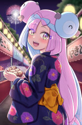  1girl :d absurdres aerial_fireworks alternate_costume bow-shaped_hair character_hair_ornament commentary_request festival fireworks floral_print food from_side hair_ornament happy highres holding iono_(pokemon) japanese_clothes kimono long_hair looking_at_viewer looking_to_the_side maho_(corotonton5150) market_stall multicolored_hair night open_mouth outdoors pokemon print_kimono sharp_teeth sky smile solo teeth two-tone_hair upper_teeth_only violet_eyes yukata 