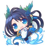  1girl :d black_hair blue_eyes chibi chinese_clothes cleavage_cutout dragon_tail fan gauntlets horns karin_(p&amp;d) kicking long_hair naturalton open_mouth pantyhose puzzle_&amp;_dragons smile solo tail 