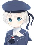  1girl blue_eyes blush clothes_writing hand_on_own_chest hat kantai_collection long_sleeves muku_(muku-coffee) neckerchief sailor_collar sailor_hat short_hair silver_hair simple_background smile solo white_background z1_leberecht_maass_(kantai_collection) 