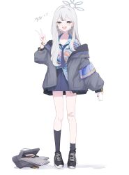  1girl absurdres armband bag bandaid bandaid_on_knee bandaid_on_leg black_shoes black_socks blue_archive blue_necktie blue_shirt blue_skirt chapoke commentary_request cup disposable_cup fang floral_print floral_print_shirt full_body grey_eyes grey_hair grey_halo grey_jacket halo hand_up hawaiian_shirt heart heart-shaped_pupils highres holding holding_cup jacket jacket_partially_removed konoka_(blue_archive) long_hair long_sleeves looking_at_viewer loose_necktie mask mask_pull miniskirt mouth_mask necktie newspaper open_clothes open_collar open_jacket open_mouth pleated_skirt print_shirt purple_armband school_bag shirt shoes simple_background skirt smile socks solo standing surgical_mask symbol-shaped_pupils untied_shoelaces v white_background white_mask 