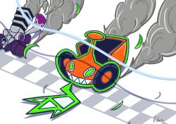  absurdres commentary_request engine exhaust green_eyes highres k_h_t222 lawnmower no_humans pokemon pokemon_(creature) pokemon_focus racing rotom rotom_(mow) smile smoke teeth varoom violet_eyes wheel 