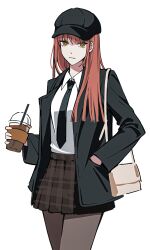  1girl alternate_costume bag black_hat black_jacket black_necktie brown_skirt chainsaw_man closed_mouth collared_shirt commentary cowboy_shot cup disposable_cup drink drinking_straw eyelashes grey_pantyhose hair_between_eyes hand_in_pocket handbag hat highres holding holding_cup holding_drink jacket long_hair long_sleeves makima_(chainsaw_man) necktie open_clothes open_jacket pantyhose plaid_clothes plaid_skirt red_hair ringed_eyes shirt simple_background skirt solo solraka white_background white_bag white_shirt yellow_eyes 