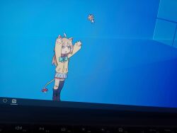  absurdres ahoge animal_ears aqua_bow aqua_bowtie arms_up asymmetrical_legwear black_socks black_thighhighs blue_eyes blue_skirt bow bowtie brown_shoes cardigan cat_ears cat_girl cat_tail commentary cookie cursor english_commentary food from_side hair_between_eyes highres long_hair microsoft_windows neuro-sama neuro-sama_(1st_costume) open_mouth photo_(medium) pleated_skirt shoes single_sock single_thighhigh skirt socks standing tail tail_bow tail_ornament tanhuluu thigh-highs uneven_legwear vedal_ai virtual_youtuber yellow_cardigan 