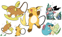  algae alolan_raichu anglerfish black_eyes blue_eyes chikorita chinchou claws closed_eyes colored_skin commentary_request cross-shaped_pupils cyndaquil fangs fins fish floating kochi8i kyogre mega_pokemon mega_slowbro no_humans nostrils on_tail open_mouth orange_fur pink_skin pokemon pokemon_(creature) pokemon_focus raichu shell slowbro spikes symbol-shaped_pupils tail totodile white_background 