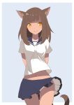  1girl absurdres alternate_costume animal_ears breasts brown_hair cat_ears cat_tail contemporary final_fantasy final_fantasy_xiv highres long_hair midriff miqo&#039;te navel panties pantyshot school_uniform serafuku skirt smile solo tail underwear white_panties yellow_eyes 