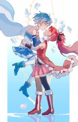 2girls arms_around_another's_waist black_thighhighs blue_hair boots cape commentary detached_sleeves dress english_commentary eye_contact gloves hair_ribbon hand_on_another's_face high_heel_boots high_heels highres long_hair looking_at_another magical_girl mahou_shoujo_madoka_magica mahou_shoujo_madoka_magica_(anime) miki_sayaka miki_sayaka_(magical_girl) miniskirt multiple_girls off_shoulder open_mouth ponytail red_boots red_eyes red_hair ribbon sakura_kyoko sakura_kyoko_(magical_girl) short_hair simple_background skirt sleeveless sleeveless_dress thighhighs white_cape white_gloves white_thighhighs yuri ziyin
