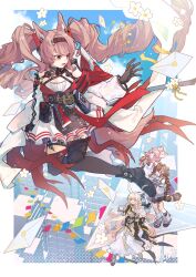  4girls ahoge angelina_(arknights) angelina_the_mellow_wish_(arknights) animal_ear_fluff animal_ears arknights black_boots black_collar black_gloves black_hairband black_thighhighs boots border brown_eyes brown_hair building chinese_commentary clouds collar commentary_request day detached_sleeves dress earpiece floating floating_hair floating_object flower flying fox_ears fox_girl full_body gloves hair_between_eyes hairband high_up highres hong_xigua_jisu_paxing infection_monitor_(arknights) jacinta_(arknights) letter long_hair long_sleeves looking_at_another looking_down looking_up multicolored_hairband multiple_girls open_mouth outdoors pink_hair rabbit_ears rabbit_girl raccoon_ears raccoon_girl sky skyscraper smile staff_riding string_of_flags thigh-highs thumpy_(arknights) timeslot_(arknights) twintails two-tone_hairband waving white_border white_dress white_flower 