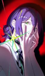  1girl absurdres black_choker black_ribbon chainsaw_man choker collared_shirt covering_own_mouth green_eyes grenade_pin hair_between_eyes hair_bun highres imminent_explosion looking_at_viewer neck_ribbon purple_hair reze_(chainsaw_man) ribbon shadow shirt short_hair sirium924 sleeveless sleeveless_shirt smile solo white_shirt 