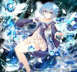  1girl bare_shoulders blue_eyes blue_hair dress glasses hair_ornament ice magic nmaaaaa official_art outstretched_arms shoes solo spread_arms wixoss 