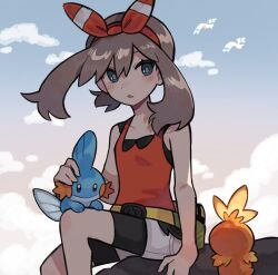  1girl :o bare_shoulders bike_shorts bike_shorts_under_shorts black_shorts blue_eyes bow bow_hairband breasts brown_hair clouds commentary english_commentary fanny_pack hair_between_eyes hairband hamburgergummys highres looking_at_viewer may_(pokemon) mudkip open_mouth pokemon pokemon_(creature) pokemon_omega_ruby_and_alpha_sapphire red_bow red_hairband red_shirt shirt shorts sitting sleeveless sleeveless_shirt small_breasts solo torchic white_shorts wingull 