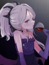  1girl adversarial_noise alcohol bare_shoulders black_ribbon blue_archive blush collarbone commentary_request commission cup demon_girl demon_horns demon_wings dress drinking_glass elbow_gloves eyelashes frilled_dress frills gloves grey_background grey_hair hair_ribbon hand_up highres hina_(blue_archive) hina_(dress)_(blue_archive) holding holding_cup horns jewelry long_hair looking_at_viewer low_wings mosae necklace official_alternate_costume official_alternate_hairstyle parted_lips ponytail profile purple_dress purple_gloves ribbon simple_background solo strapless strapless_dress tsurime upper_body violet_eyes watermark wine wine_glass wings 