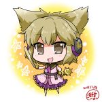  1girl :d brown_eyes brown_hair chibi earmuffs highres holding looking_at_viewer noai_nioshi open_mouth rod short_hair smile solo touhou toyosatomimi_no_miko 