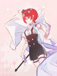  1girl absurdres alternate_costume amate_yuzuriha aqua_eyes black_hat black_overalls gloves gundam gundam_gquuuuuux hat highres mini_hat mini_top_hat overalls red_hair shirt short_hair solo sparkle sparkling_aura suspenders thigh_strap top_hat white_gloves white_shirt wohaolana 