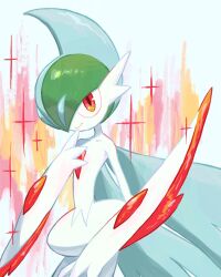  1other arm_blade cape colored_skin commentary_request cowboy_shot facing_to_the_side finger_to_own_chin gallade green_hair highres looking_at_viewer mega_gallade mega_pokemon mohawk pokemon pokemon_(creature) pokemon_focus ringringbell2001 smile sparkle weapon white_background white_cape white_skin wide_hips 