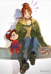  1boy 1girl black_boots black_shirt blush bodysuit boots brown_hair chibi collarbone dot_nose green_jacket grey_eyes hair_bun highres hood hoodie jacket jean_grey lips marvel mask mask_on_head nostrils orange_hair peter_parker pixel_art shadow shirt spider-man spider-man:_brand_new_day spider-man_(series) superhero_costume thekhoms1 yellow_hoodie 