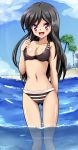  1girl :d a_channel beach bikini black_hair blue_sky blush breasts highres long_hair looking_at_viewer navel nishi_yuuko ocean open_mouth palm_tree partially_submerged shiguko sky smile solo swimsuit tree tsurime violet_eyes water 