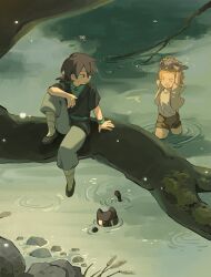  3boys black_hair blonde_hair branch cat cattail chinese_clothes closed_eyes commentary_request fish flower highres jia_(the_legend_of_luoxiaohei) looking_at_another luo_xiaohei luo_xiaohei_(cat) male_focus multiple_boys nature plant ponytail ripples river rock scenery shirt shorts shorts_rolled_up sitting_on_branch sweatdrop swimming the_legend_of_luo_xiaohei tree water water_drop white_flower white_shirt woshiachun yi_(the_legend_of_luoxiaohei) 