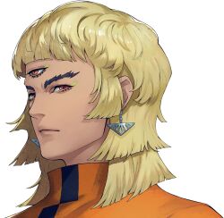  1boy dark-skinned_male dark_skin earrings edeni jewelry looking_at_viewer metaphor:_refantazio official_art orange_eyes portrait short_hair simple_background soejima_shigenori solo third_eye transparent_background 