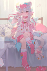  1girl absurdres angel_wings animal_ear_fluff animal_ears aqua_bow aqua_jacket asymmetrical_legwear bed bell blanket blush blush_stickers bow bow_choker brooch bubble_skirt cat_ear_footwear cat_ear_legwear cat_ears cat_girl cat_mask cat_paws cat_print cat_tail chestnut_mouth chinese_commentary choker collarbone commentary_request cup curtains dot_mouth double-parted_bangs dress drink eye_mask full_body fur-trimmed_legwear fur_trim glass gradient_hair gradient_jacket grey_hair grey_tail hair_between_eyes hair_intakes hair_ornament hair_ribbon hairclip half-closed_eye hand_up heart heart_print highres indoors jacket jacket_partially_removed knee_up kneehighs lace lace-trimmed_dress lace_trim layered_dress layered_legwear layered_sleeves long_hair looking_at_viewer mask mask_on_head messy_hair morning nightgown note off_shoulder on_bed one_eye_closed orange_bow original paw_print pillow pink_bow pink_choker pink_dress pink_eyes pink_hair pink_jacket pink_legwear pink_mask pink_pupils pink_slippers pink_socks pink_wrist_cuffs pleated_dress pom_pom_(clothes) ribbon shoe_removed short_sleeves shoulder_cutout sidelocks sleep_mask slippers socks solo sparkle squeans sticky_note straight-on striped striped_bow striped_clothes striped_legwear sunlight symbol_in_eye table tail tail_bow tail_ornament tail_ribbon tears teketi tongue two-tone_bow two-tone_hair two-tone_shoes two-tone_wrist_cuffs waking_up water white_bow white_dress white_legwear white_slippers white_socks white_wrist_cuffs wing_hair_ornament wings wrist_cuffs yawning yellow_dress yellow_jacket 