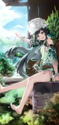  1girl aqua_sleeves bare_legs bird_hair_ornament black_hair bracelet commentary_request detached_sleeves dress genshin_impact green_dress hair_ornament hairband highres jewelry lan_yan_(genshin_impact) long_hair looking_at_viewer metal_hairband necklace scup silver_bracelet silver_hairband silver_necklace smile violet_eyes 