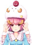  1girl blouse bust eyeball hairband hands_up hat heart horns komeiji_satori long_sleeves looking_at_viewer new_year open_mouth pink_eyes pink_hair ruua_(ru_an) sheep sheep_hat sheep_horns shirt short_hair simple_background solo third_eye touhou white_background year_of_the_ram 
