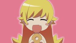  1girl :d blonde_hair blush_stickers chibi closed_eyes fang flipped_hair food gesugesu_ahoaho hair_between_eyes hair_flaps hands_up happy holding holding_food long_hair monogatari_(series) no_nose nude open_mouth oshino_shinobu outer_glow pink_background pointy_ears sidelocks simple_background smile solo straight-on two-handed upper_body very_long_hair watanabe_akio_(style) 