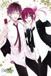  2boys absurdres brown_eyes crossover diabolik_lovers earrings green_eyes hair_ornament hairpin hand_on_hip happy highres jacket jewelry kirihara_atom kirishima_sou marginal_#4 multiple_boys necktie open_clothes open_jacket redhead ribbon sakamaki_ayato satoi shirt short_hair white_shirt 