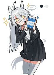  ... 1girl alternate_costume alternate_hair_color animal_ears black_jacket black_necktie black_skirt blush choker commentary cropped_legs drink_carton ear_tag emne emphasis_lines english_commentary expressionless grey_hair hands_up highres holding holding_drink_carton holding_milk_carton horse_ears horse_girl horse_tail jacket manhattan_cafe_(umamusume) milk milk_carton necktie out_of_character shirt simple_background sketch skirt solo sparkle spoken_ellipsis tail umamusume white_background white_shirt yellow_eyes 