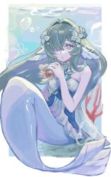  blue_tail border bubble commentary dress earrings expressionless fins fish fish_tail flower flower_on_head frills full_body genshin_impact green_hair hair_intakes hair_over_one_eye happy_brainchan head_fins highres jewelry long_hair looking_at_viewer merfolk mermaid monster_girl pearl_hair_ornament sitting sitting_on_object sleeveless tail underwater untranslatable_commentary very_long_hair vodyanitsa_(genshin_impact) water white_border white_dress 