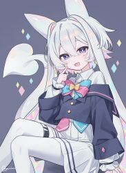  1girl absurdres animal_ears black_trim blue_bow blue_bowtie blue_jacket blush bow bowtie breasts bright_pupils buttons collared_shirt colored_inner_hair commentary_request crossed_bangs diamond-shaped_pupils diamond_(shape) double-parted_bangs feet_out_of_frame grey_background hair_between_eyes hair_flaps hair_intakes halftone hand_on_own_face hand_up highres index_finger_raised jacket long_sleeves looking_at_viewer multicolored_bow multicolored_bowtie multicolored_eyes multicolored_hair namin_(namin_star) off_shoulder open_mouth original pink_bow pink_bowtie pink_trim pleated_skirt shirt short_hair signature simple_background sitting skirt sleeves_past_wrists small_breasts smile solo symbol-shaped_pupils tail thigh-highs thigh_strap white_hair white_pupils white_shirt white_skirt white_tail white_thighhighs yellow_bow yellow_bowtie 