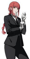  1girl black_jacket black_necktie black_pants black_suit blood braid chainsaw_man collared_shirt commentary cowboy_shot gloves highres jacket long_hair long_sleeves makima_(chainsaw_man) mouth_hold necktie pants red_hair ringed_eyes shirt sidelocks simple_background single_braid solo solraka suit suit_jacket white_background white_gloves white_shirt yellow_eyes 
